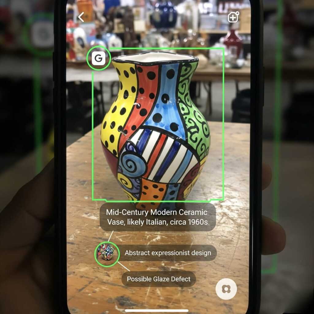 Phone pic, flea market vase, Google Lens overlays