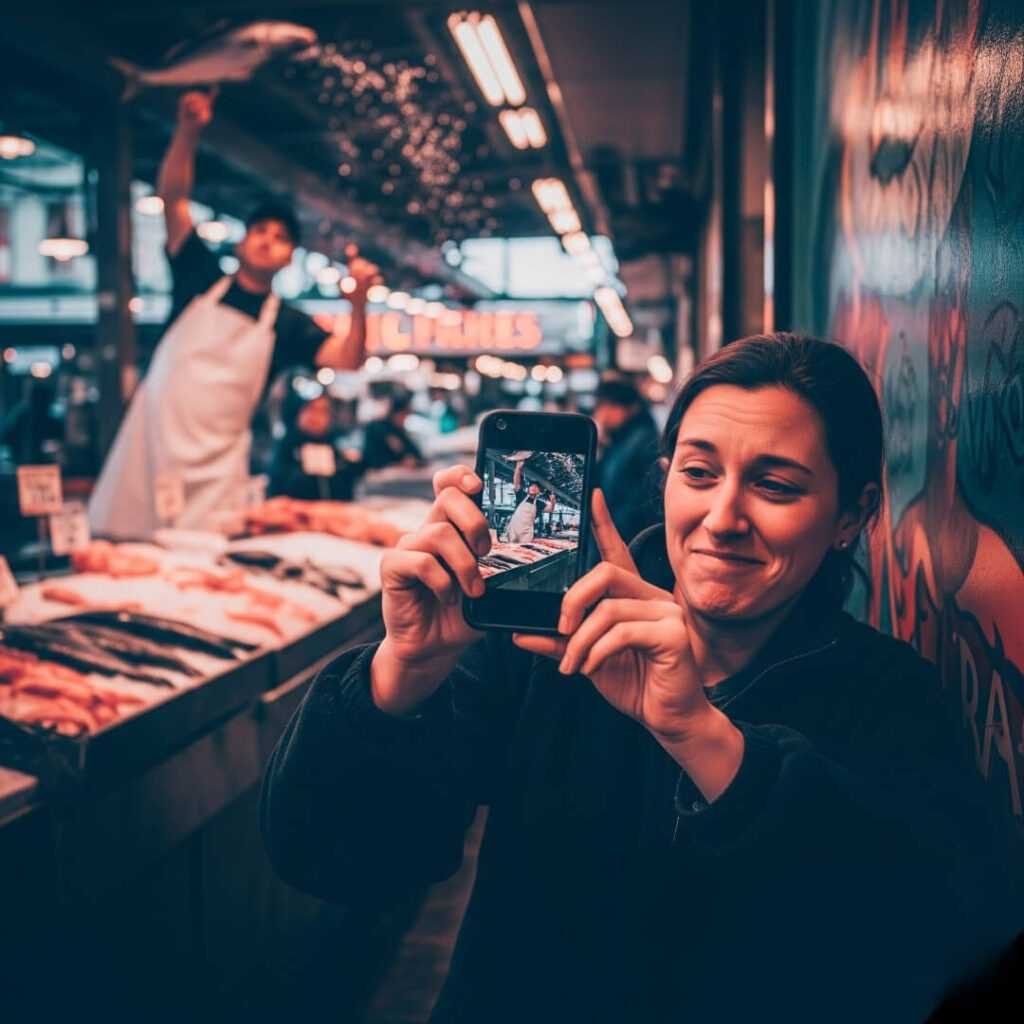 Person at Pike Place Market struggling to scan mural