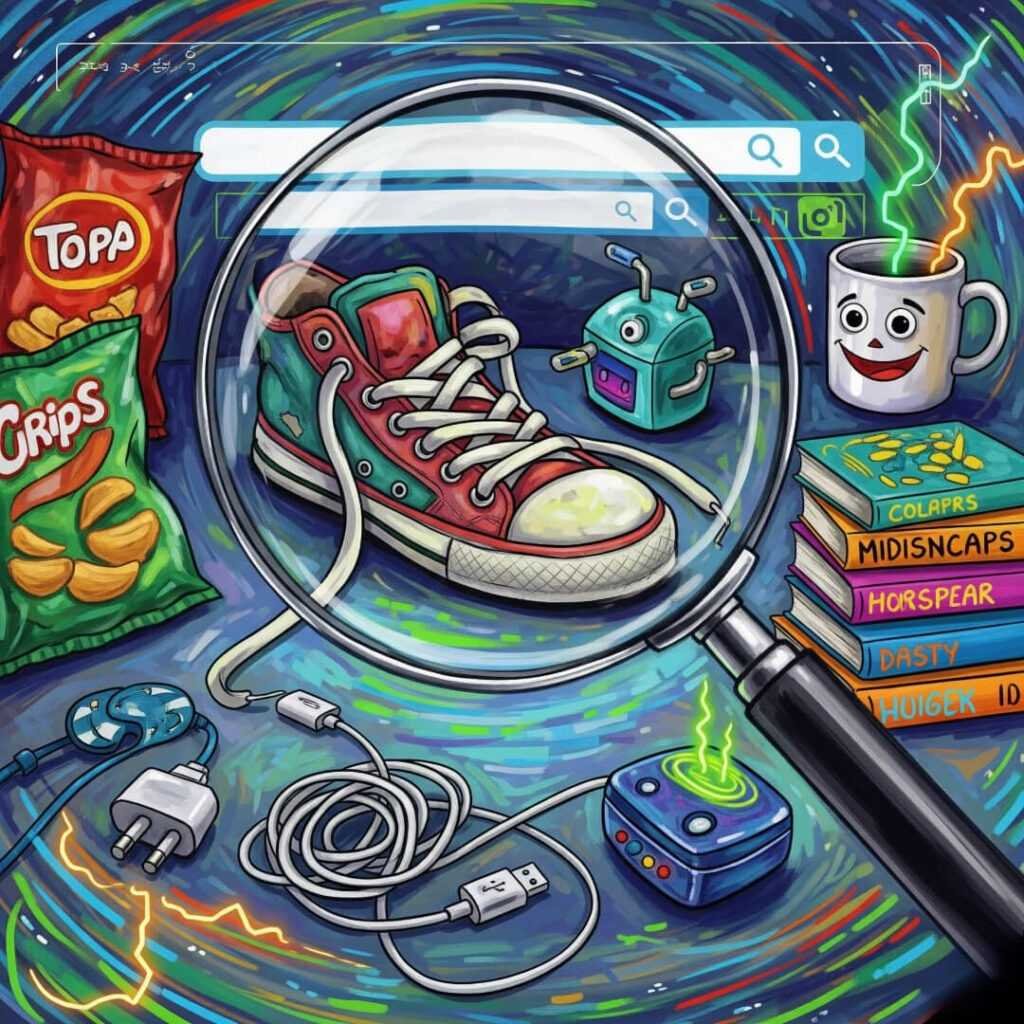 Magnifying glass over sneakers, charger, and other items