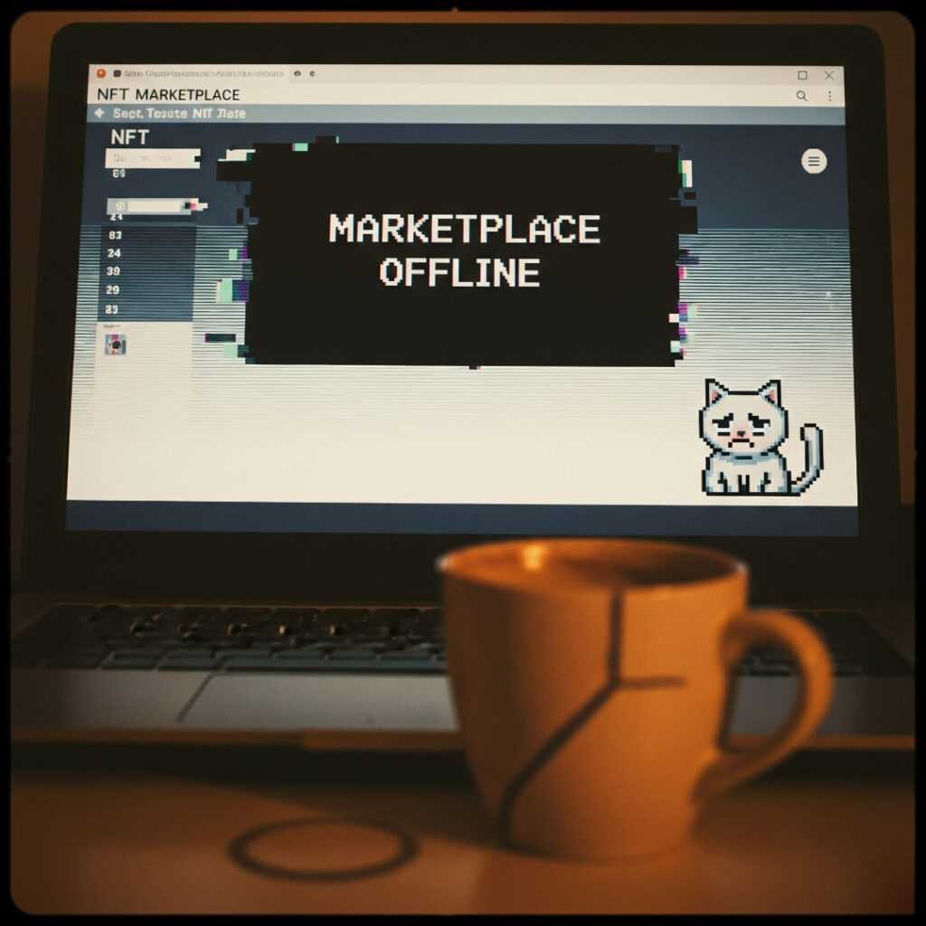 Glitchy laptop, "NFT Marketplace Offline," sad pixel cat
