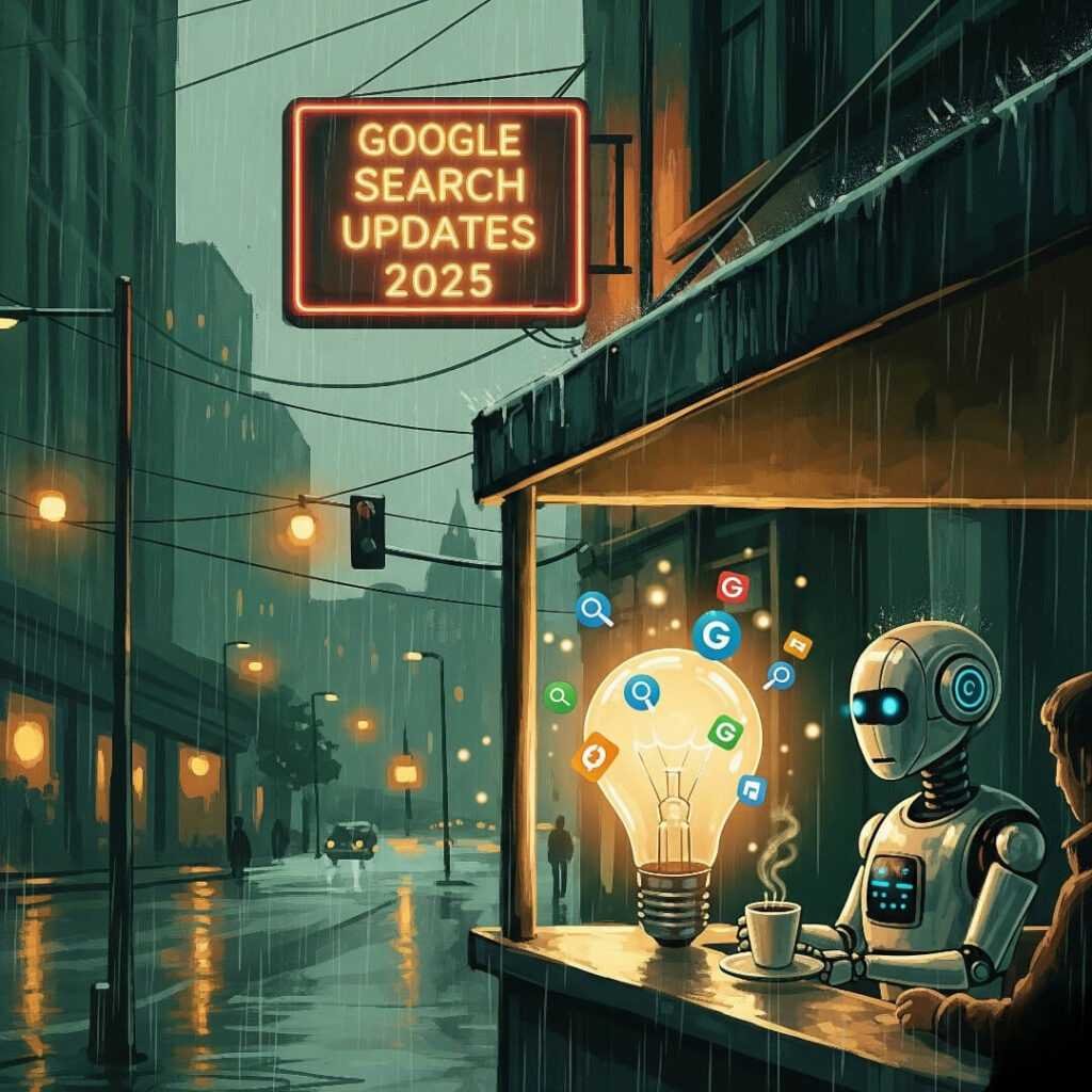 Rainy Seattle street, "Google Search Updates 2025" sign, robot barista