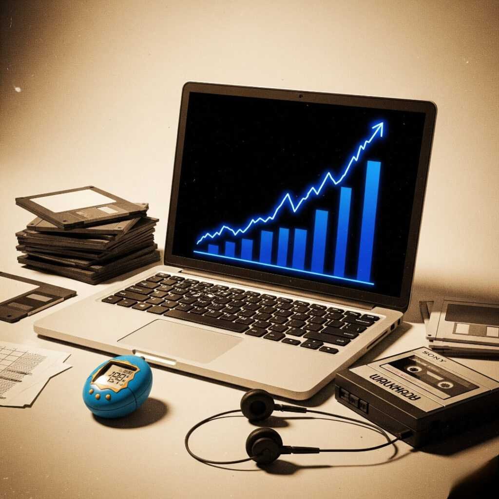 Laptop with rising graph, retro desk items