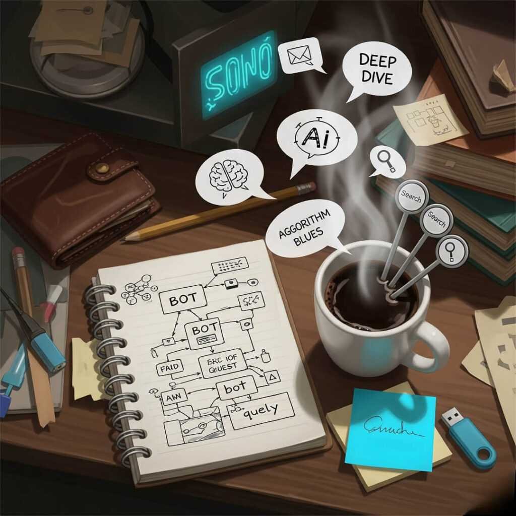 Messy desk, notebook, coffee, AI speech bubbles