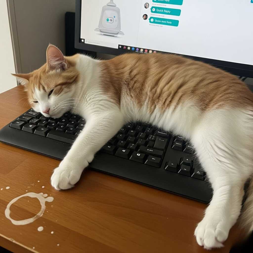 Cat sleeping on a keyboard with a chatbot