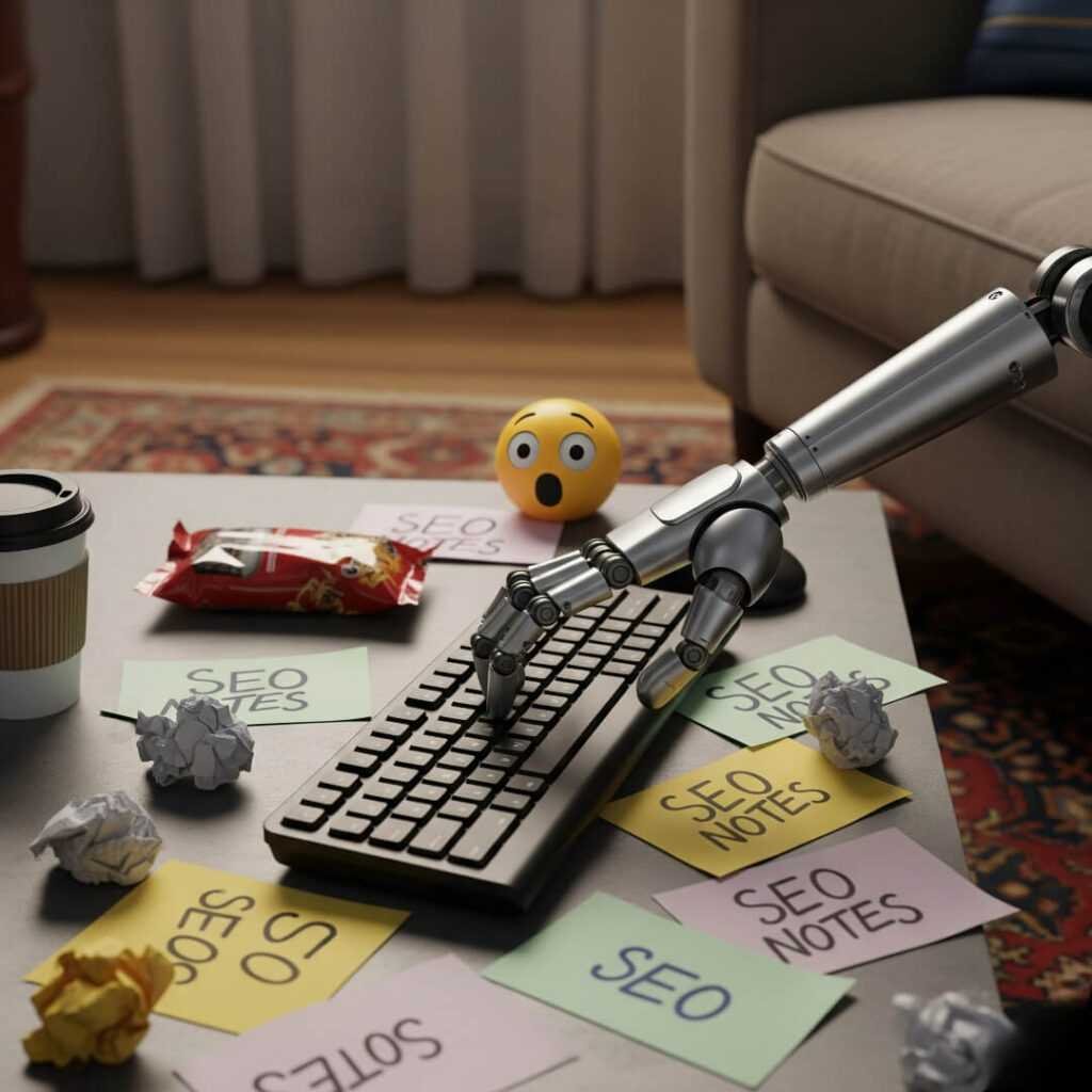 Robot arm typing, SEO notes, surprised emoji.