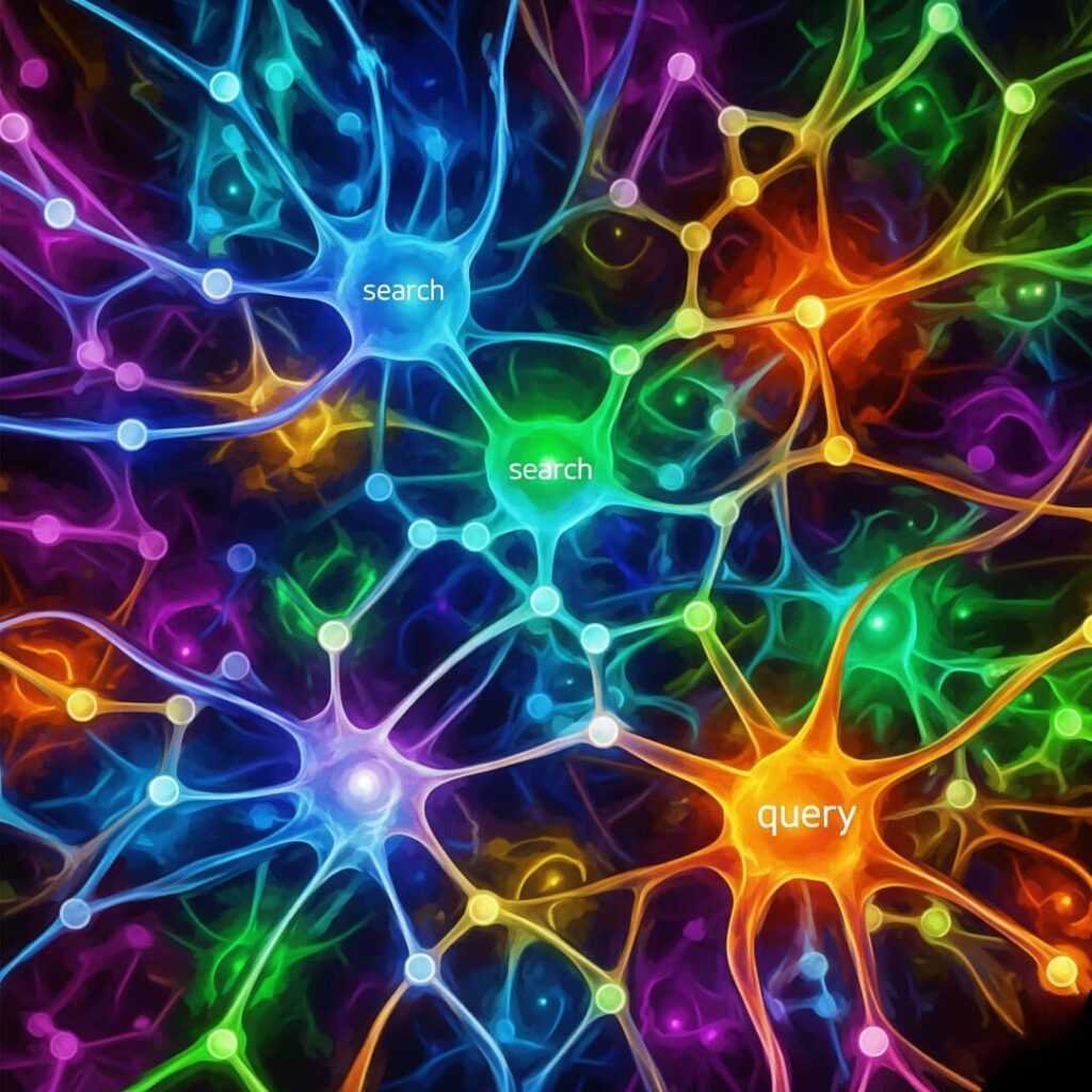 Trippy neural network with glowing nodes and embedded words.