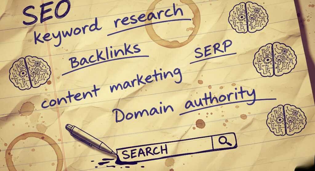 Crumpled notebook page, handwritten SEO, coffee stains, algorithm doodles.