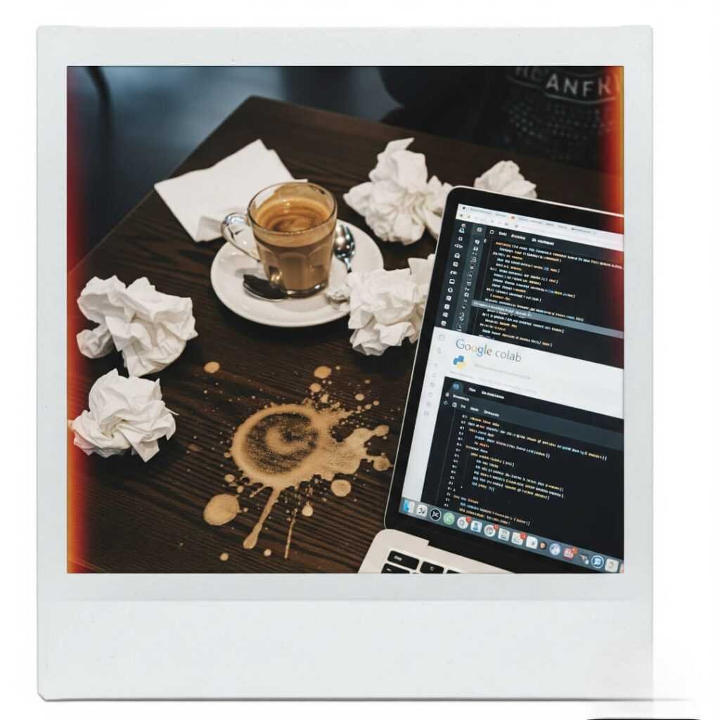 Coffee shop table with a laptop and spilled latte.