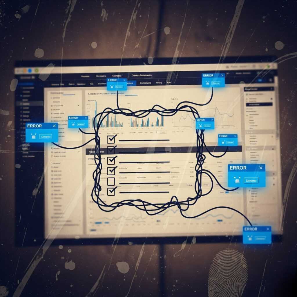 Website dashboard with error alerts and tangled wires