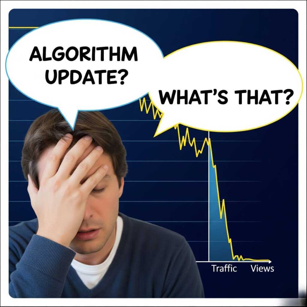 Frustrated person, traffic drop, "Algorithm update?" meme.