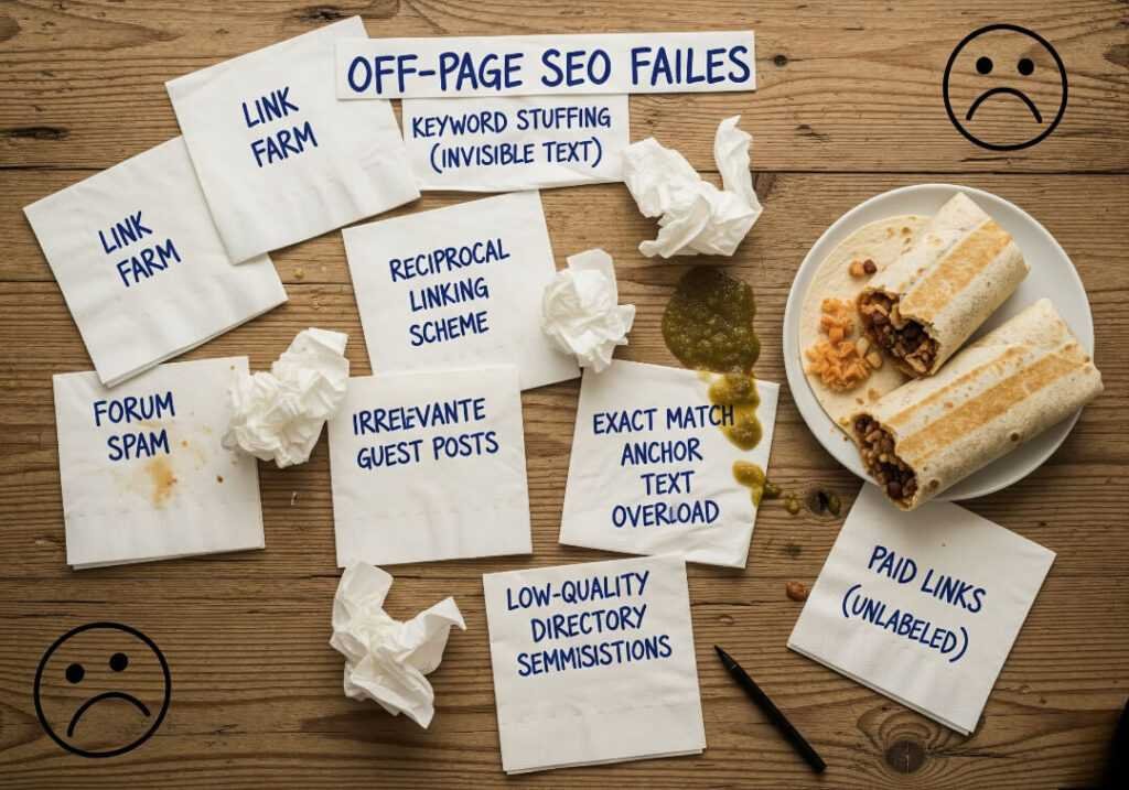 Crumpled napkins with SEO fails and a burrito