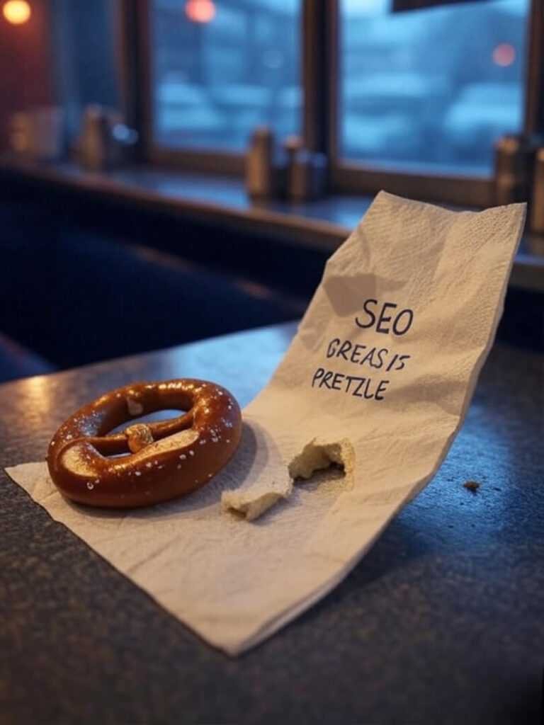 Greasy napkin with SEO notes, half-eaten pretzel.