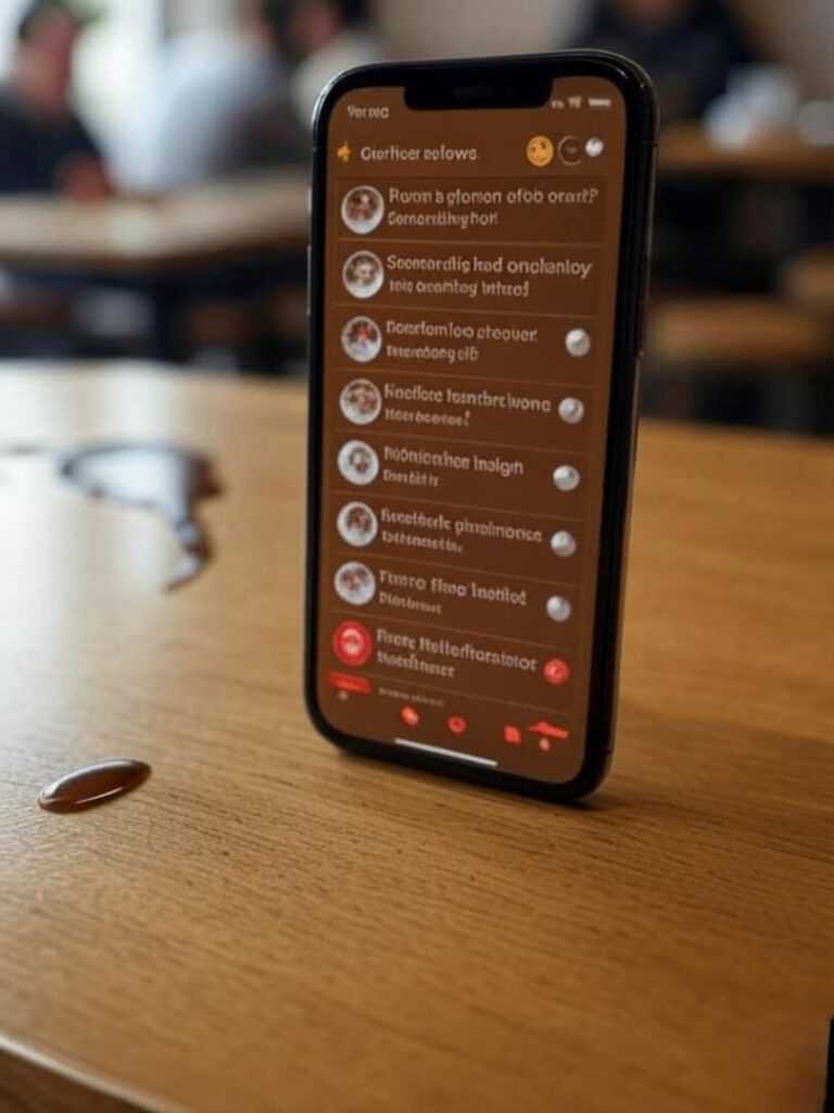 Phone with mixed reviews, spilled coffee on table.