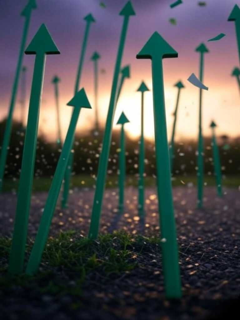 Low-view emerald arrows pierce purple thunderhead, keyword confetti rains