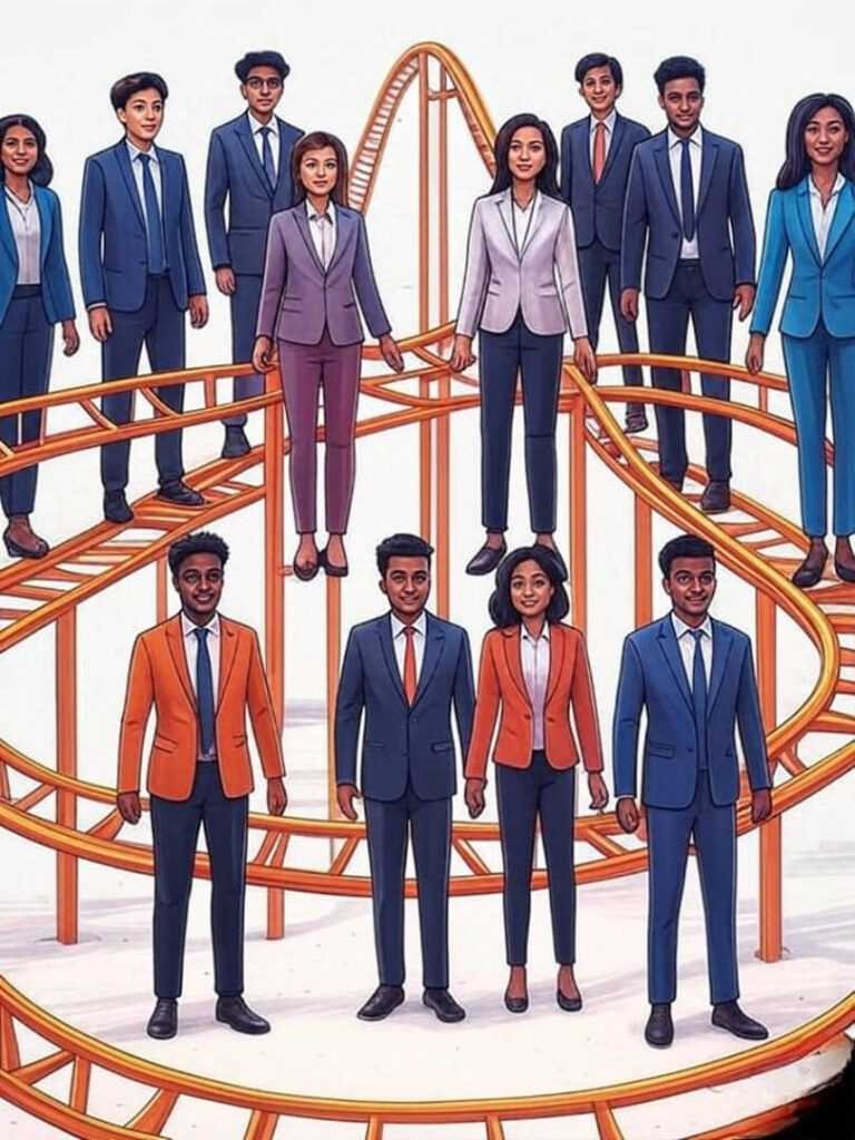Marketer avatars ride rollercoaster from flowchart, vibrant scene.