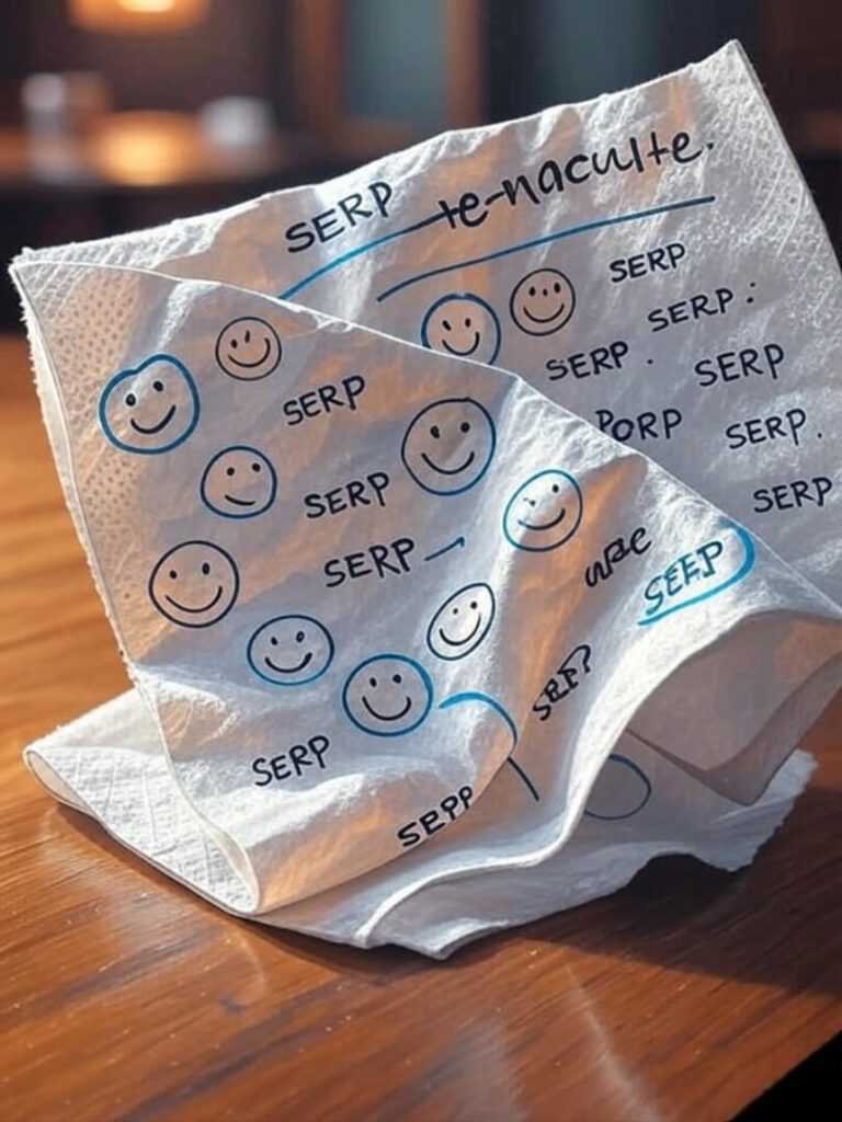 SERP sketch on crumpled napkin with smiley faces.