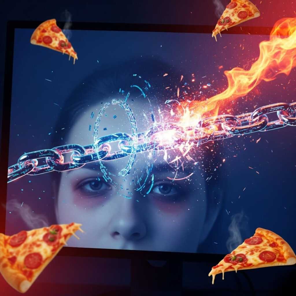 Chains on a screen, with a tired face reflected and pizza slices floating