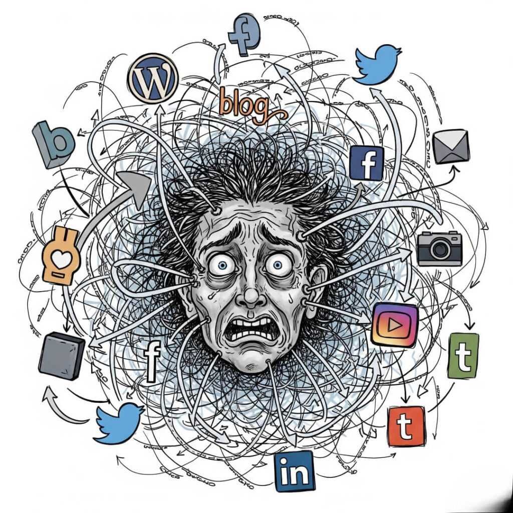 Hyperlink web with frazzled face and social icons