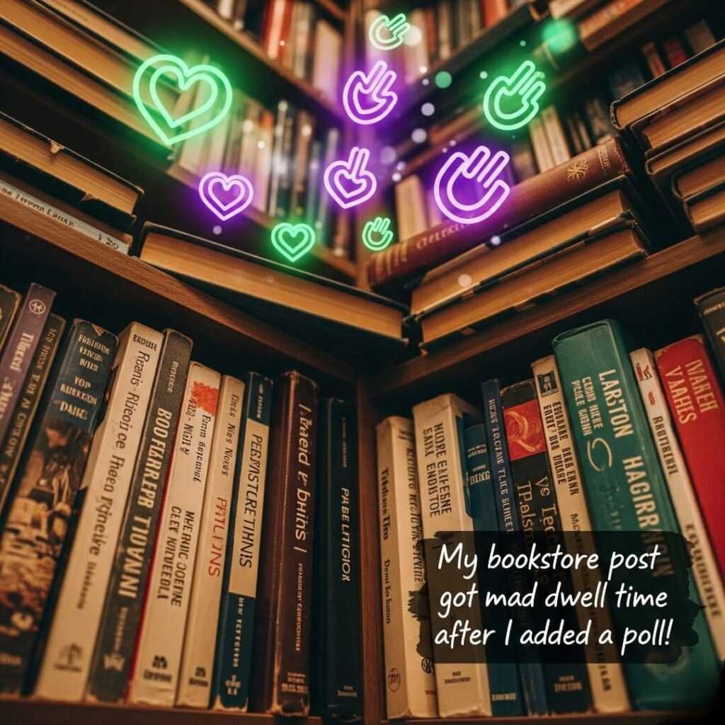 Bookstore shelf, neon digital hearts, "mad dwell time.