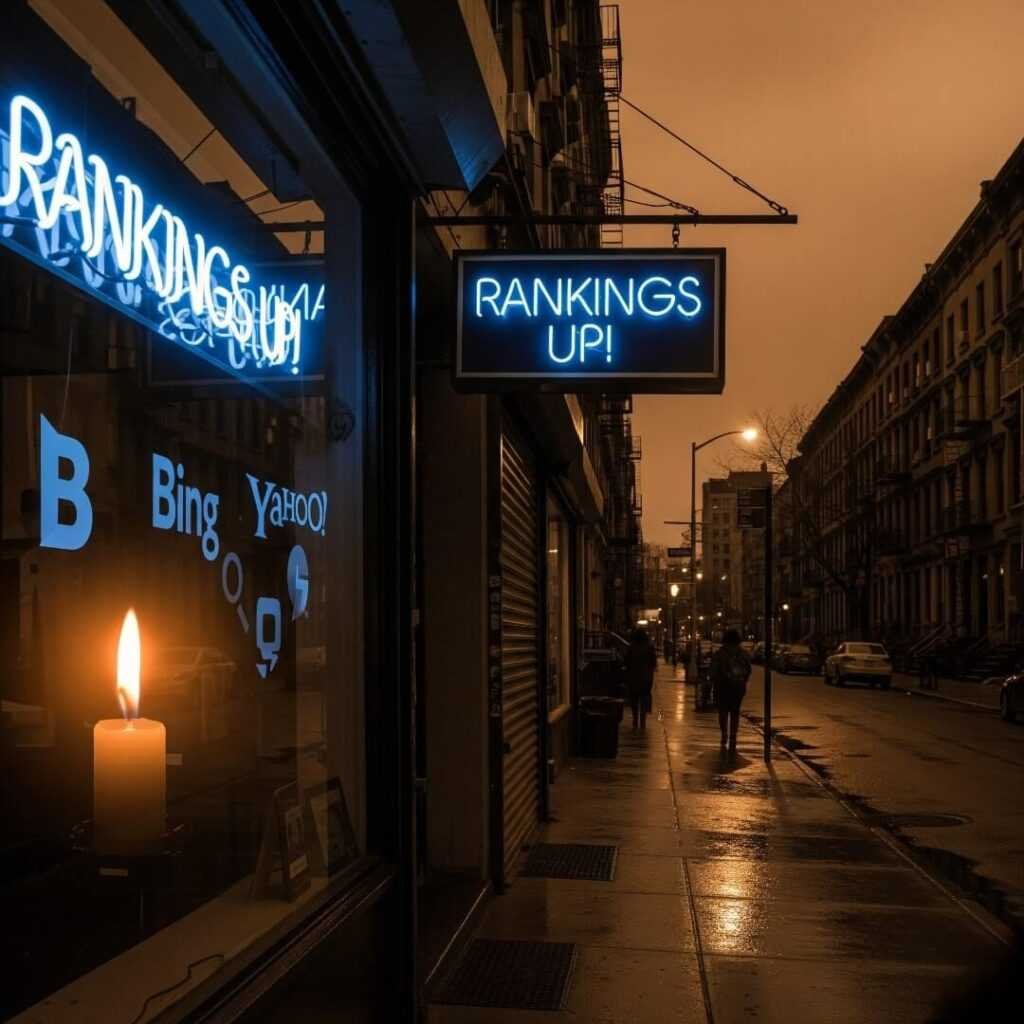 Brooklyn street at dusk with "Rankings Up!" neon sign.