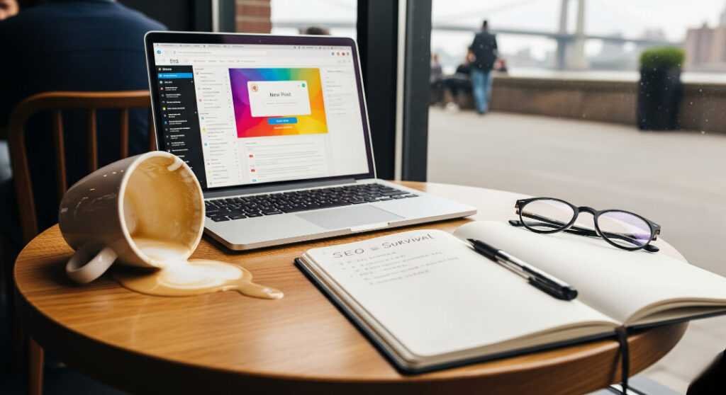 Coffee shop table with spilled latte and SEO notebook