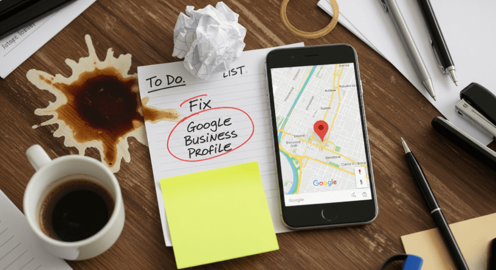 Chaotic desk, phone with Maps, "fix Google Business Profile.