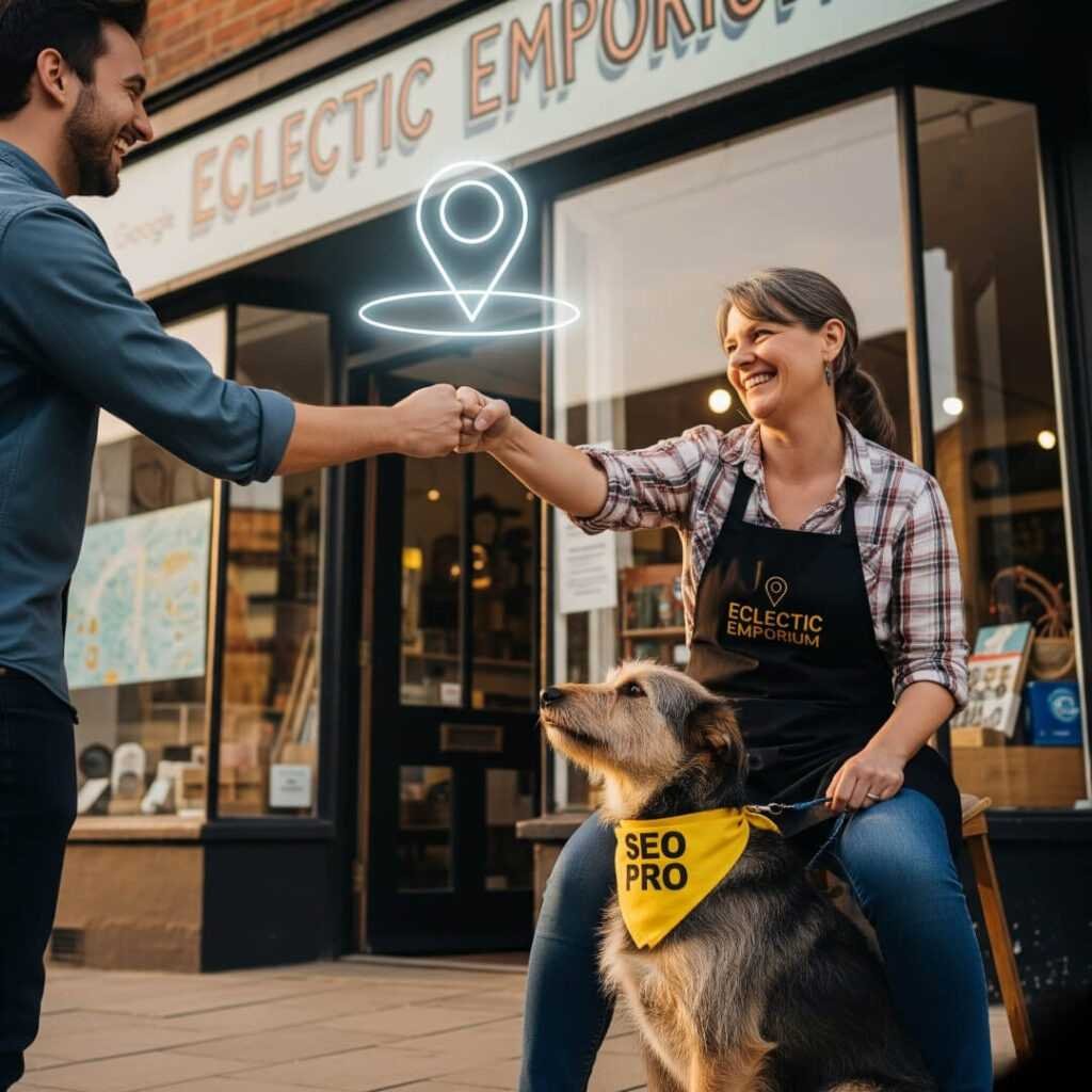 Local SEO success: fist bump, dog, shop