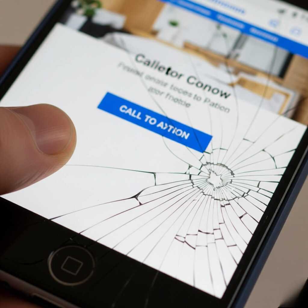 Cracked phone screen with thumb, showing mobile website