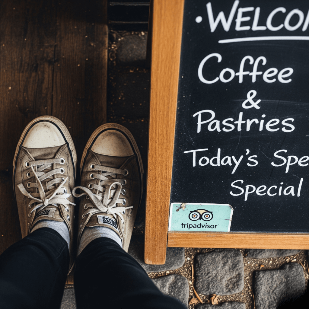 Scuffed sneakers next to café chalkboard with Tripadvisor sticker.