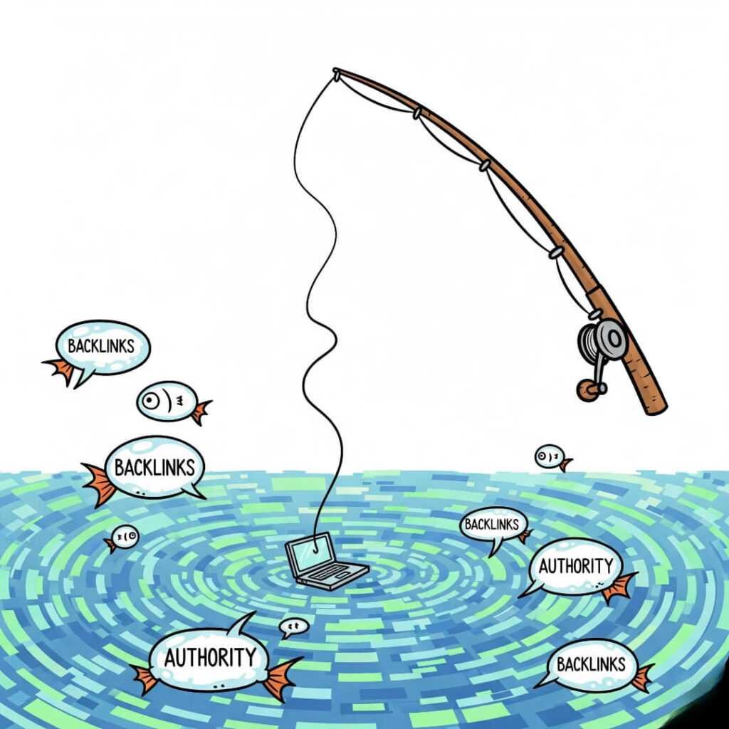 Cartoon fishing rod catching a laptop from a digital ocean