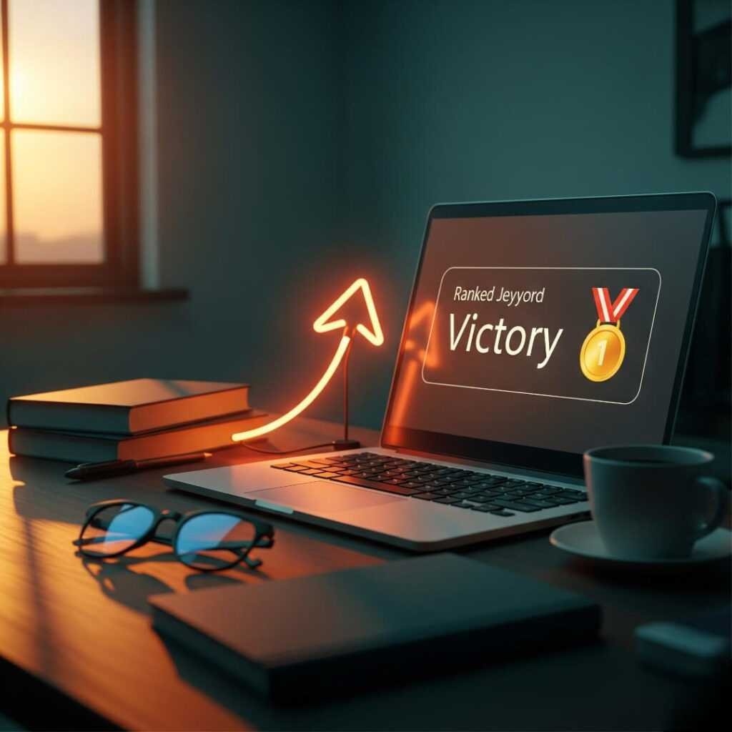 Dusk desk, laptop with "Ranked Victory", upward neon arrow
