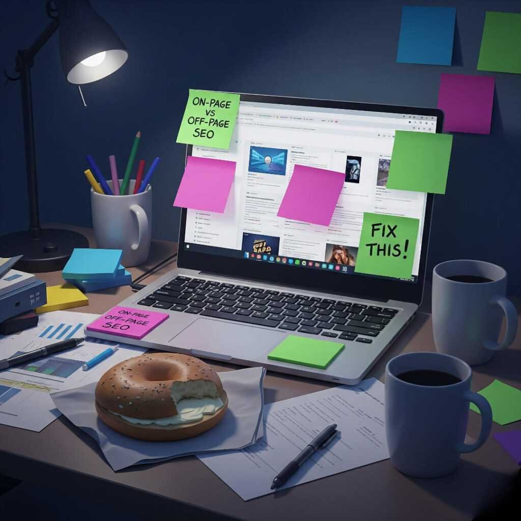 A shaky photo of a desk with a bagel and notes