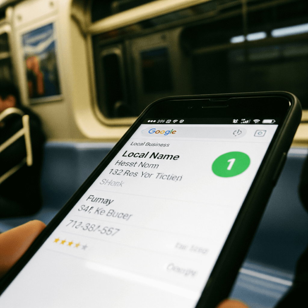 Phone on subway showing #1 local business listing.