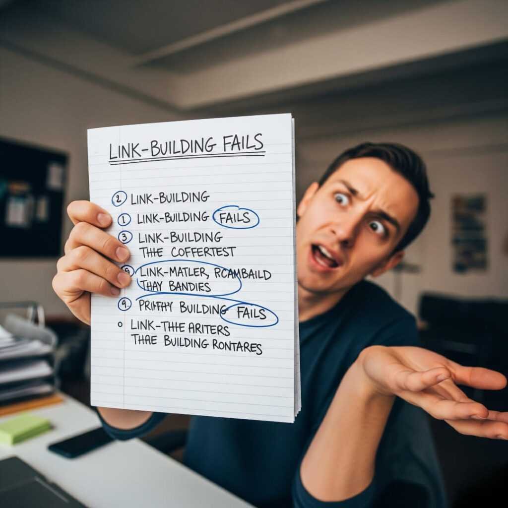 Man shrugs, shows "Link-Building Fails" notepad