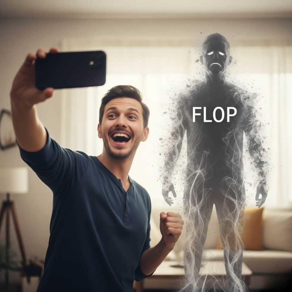 Selfie: happy man, fading "flop" ghost