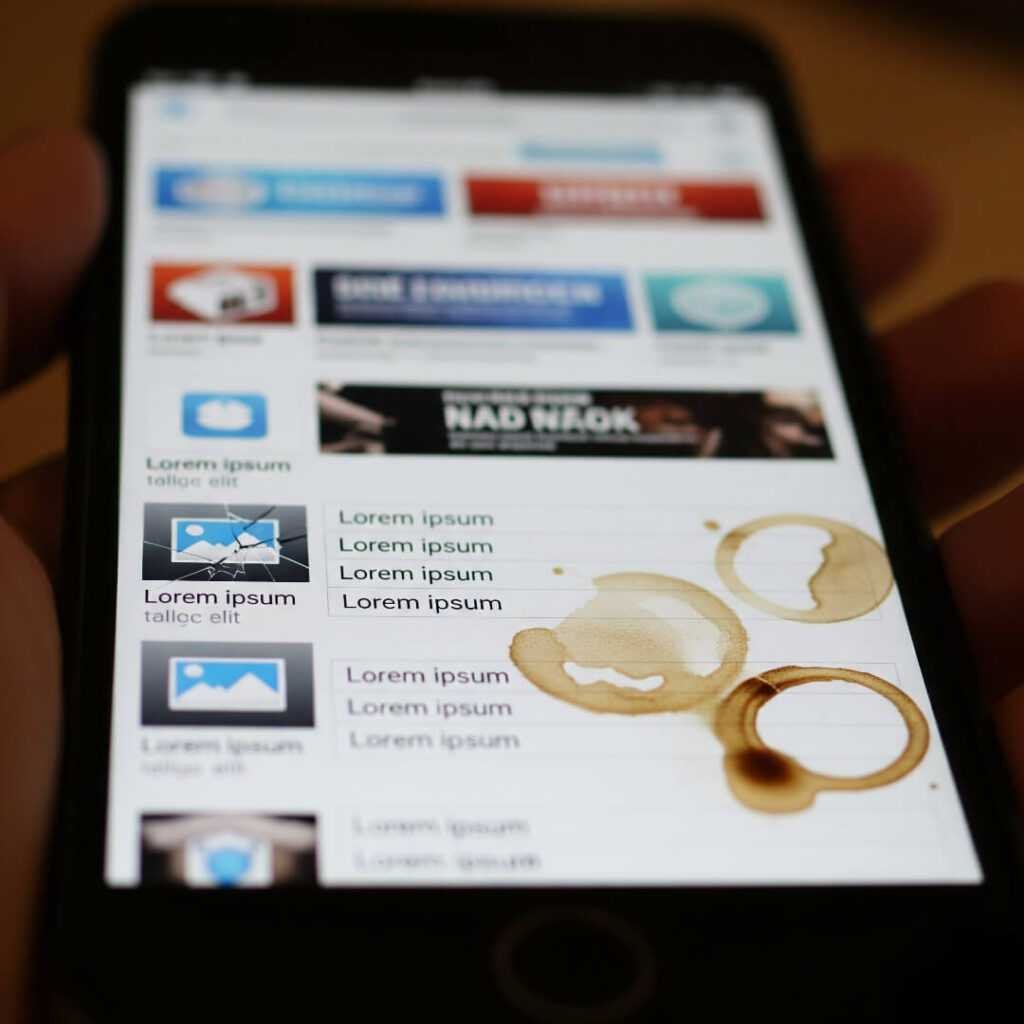 Blurry phone screen, website loading wrong, coffee stains