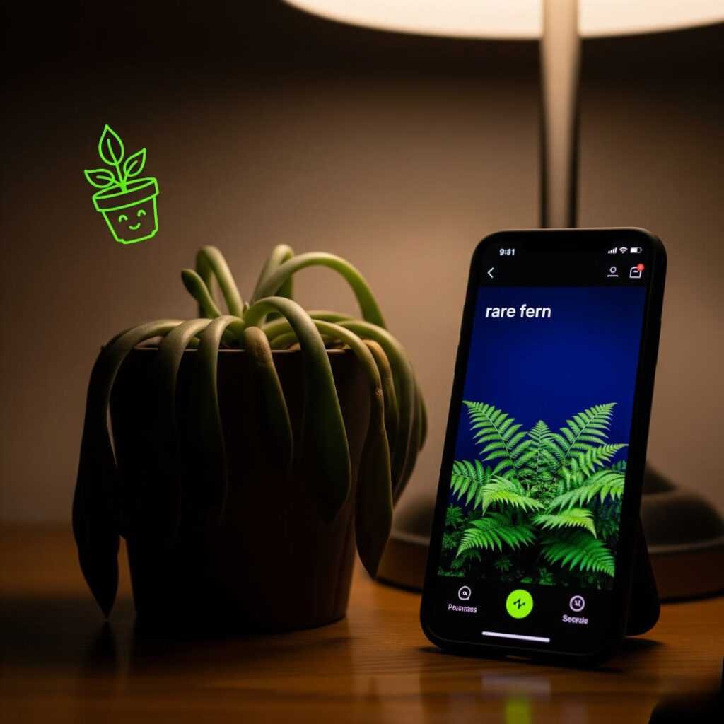 Sad succulent, phone showing "rare fern" search