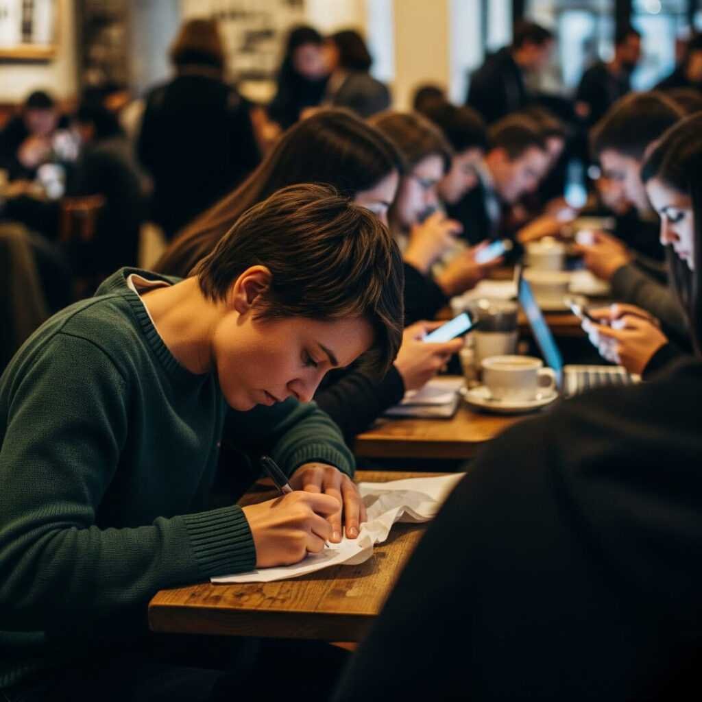 Person scribbling on a napkin in a busy coffee shop