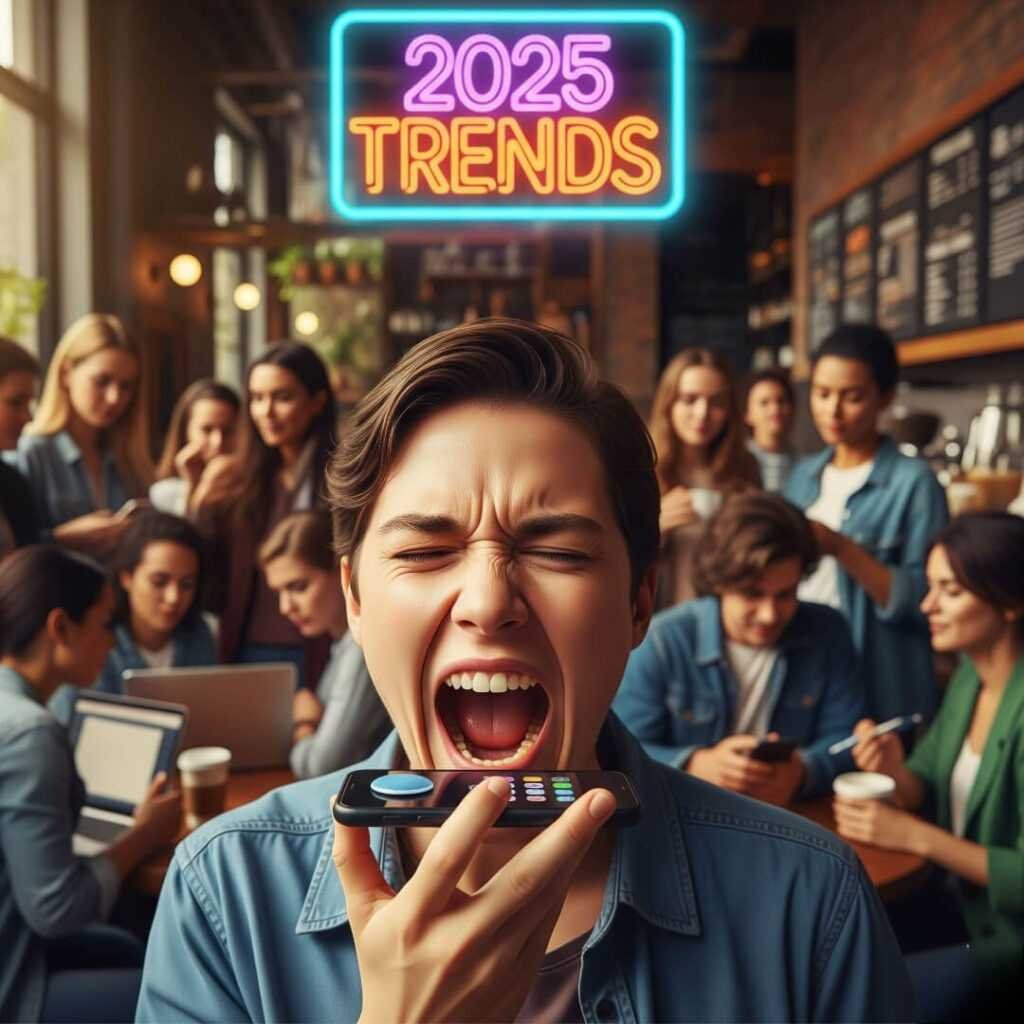 Person yelling at phone in coffee shop, "2025 Trends" neon