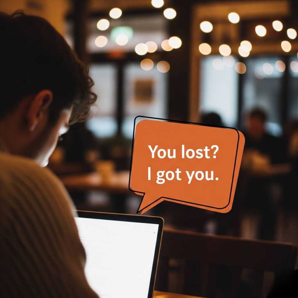 Person at laptop with "You lost? I got you." chatbot