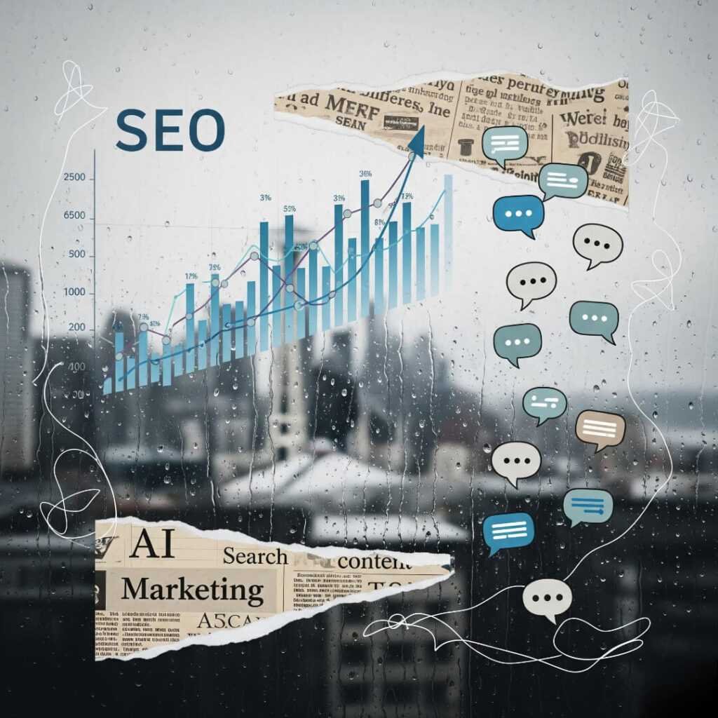 SEO graphs morph into chatbot bubbles, rainy window.