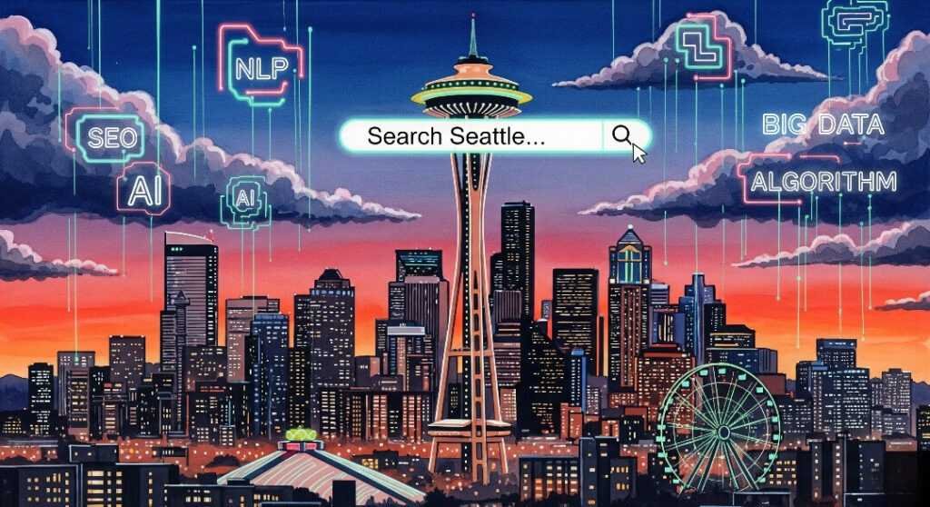 Futuristic Seattle skyline, glowing NLP SEO keywords, Space Needle search bar.