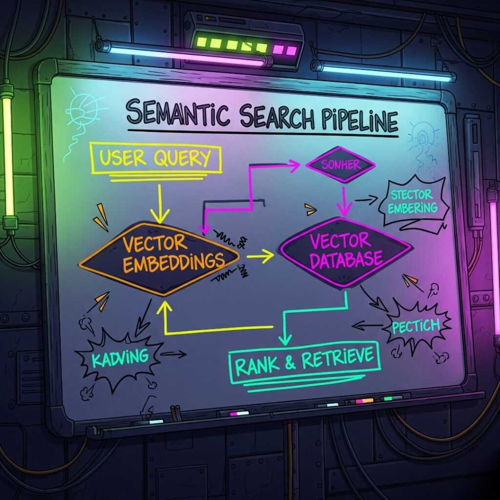 Whiteboard with a messy semantic search pipeline.
