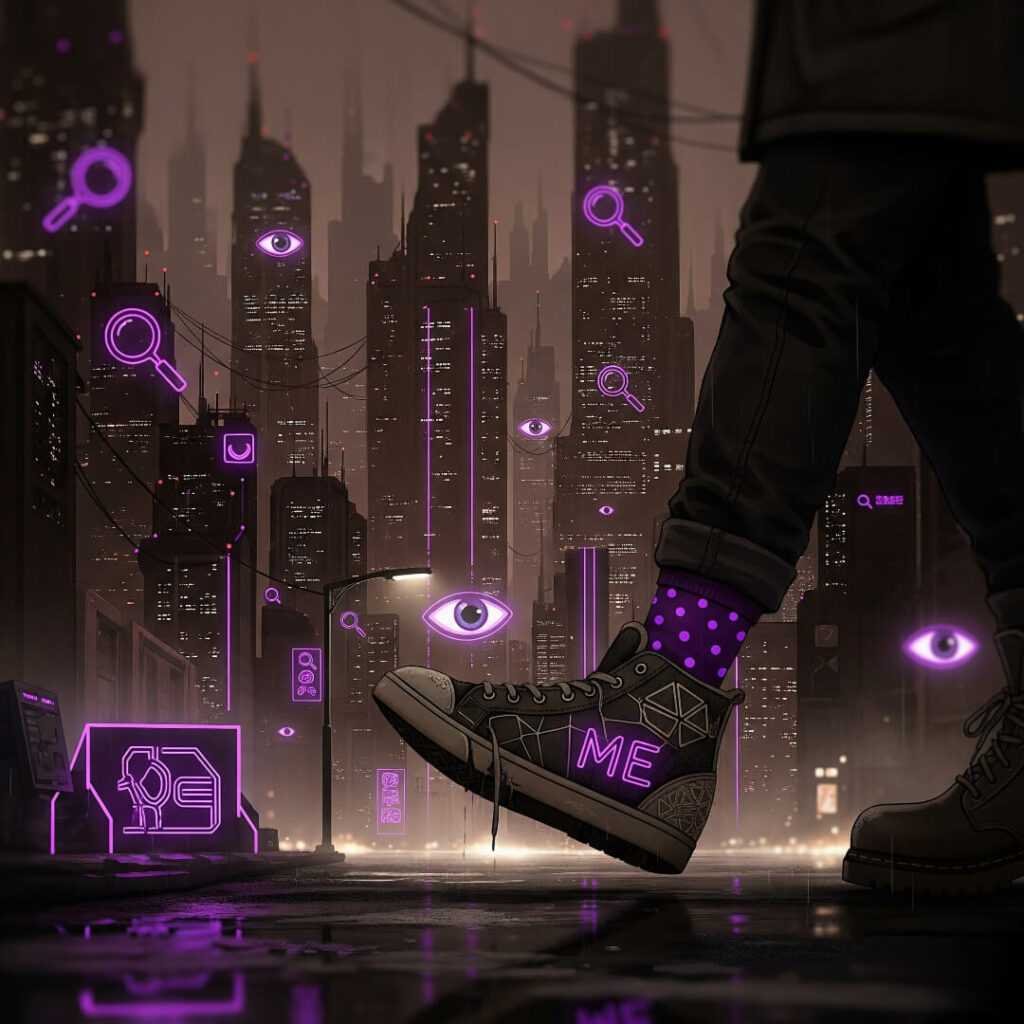 Sci-fi city, search icons as eyes, mismatched shoes.