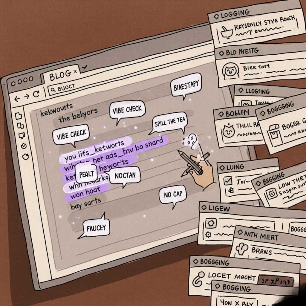 Blog editor with tabs and slang speech bubbles