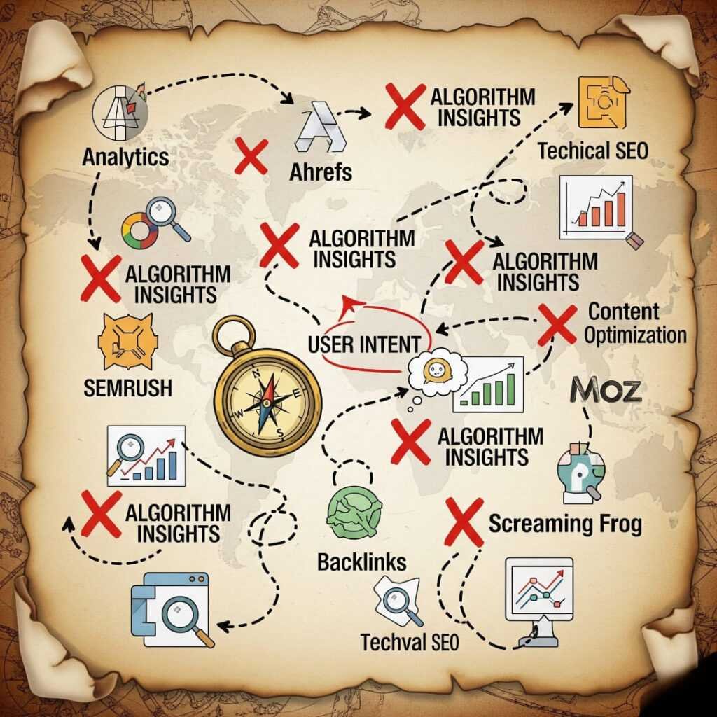 SEO tools treasure map, algorithm insights, user intent.