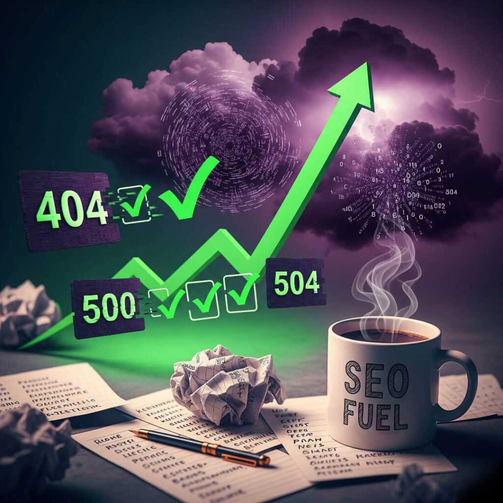 SEO recovery: crumpled notes, rising graph, 'SEO Fuel' mug.