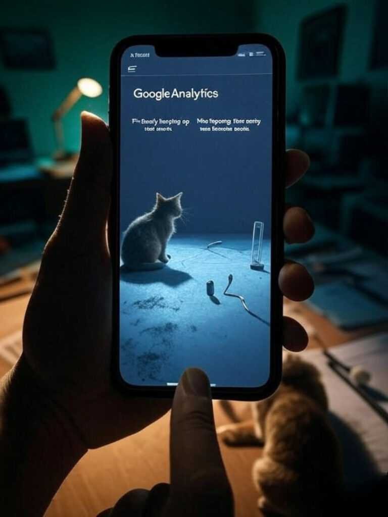 Phone showing Google Analytics, cat playing with pen.