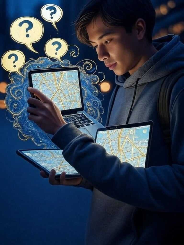 Night walk, slow-loading maps, hopeful question marks.