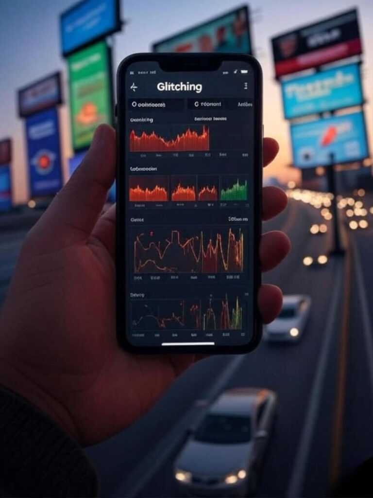 Glitching dashboard on phone, highway billboards backdrop.